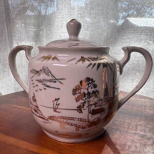 Vintage Japanese Kutani Sugar Bowl with Lid, Gold Fuji & Village scene